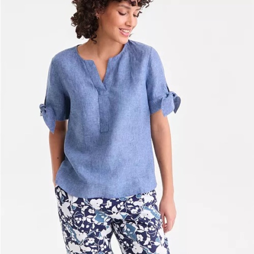 Charter Club Women's small Linen Split-Neck Tie-Cuff blue Top blouse minimalist